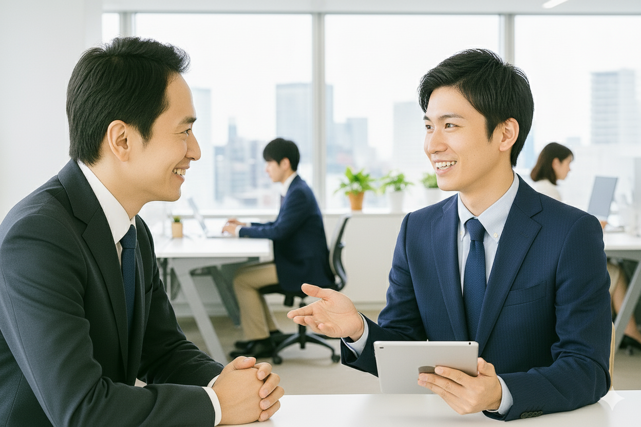 PMO実行支援として男性顧客にプロジェクトの説明をしている若い男性コンサルタントの画像