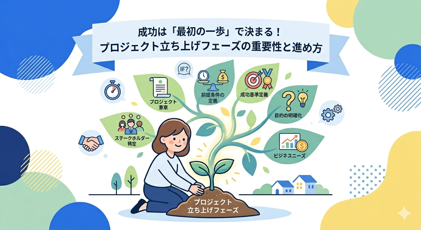 プロジェクトの立ち上げをイメージする植物の苗を植える女性のイラスト